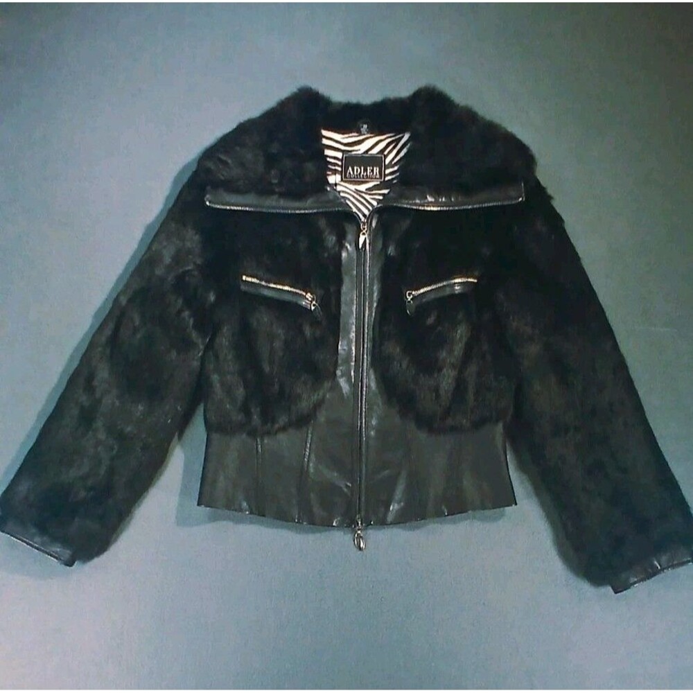 Adler Jackect Womens M Black Leather Rabbit Fur Moto Zip Zebra Lined Y2K Biker